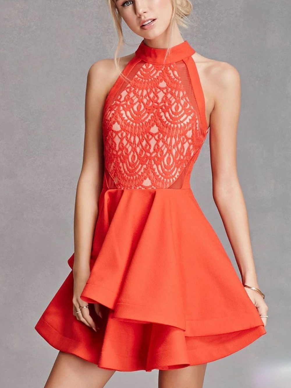 Tea n Cup Coral Lace Halter Fit-and-Flare Mini Dress